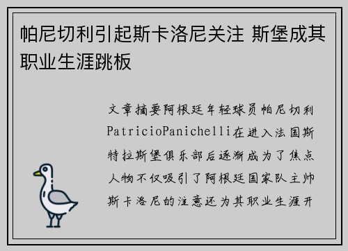 帕尼切利引起斯卡洛尼关注 斯堡成其职业生涯跳板